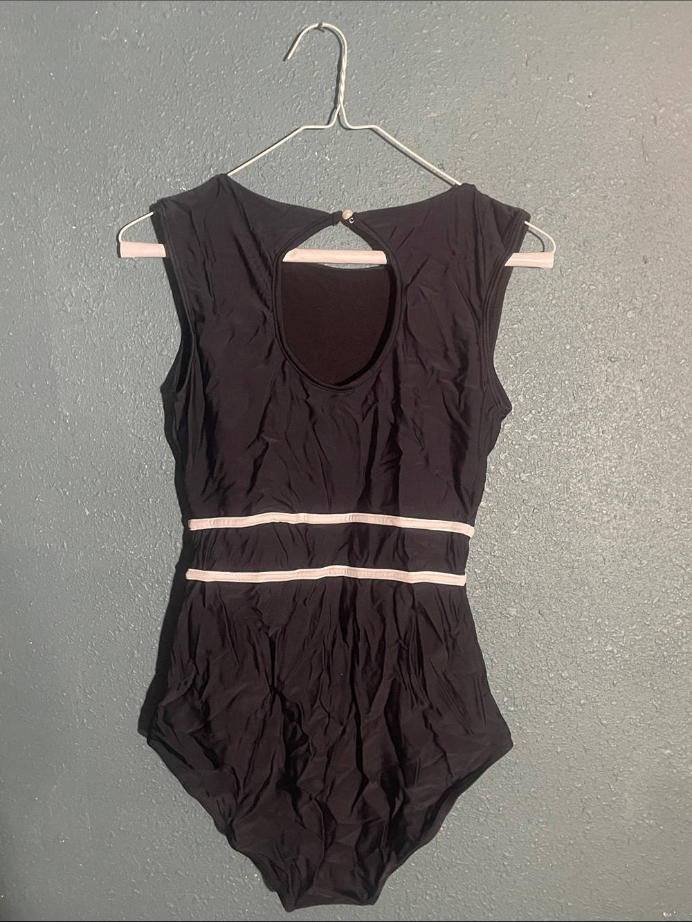 Swimsuits For All Black Sleeveless Bodysuit with Cream Waist Stripes